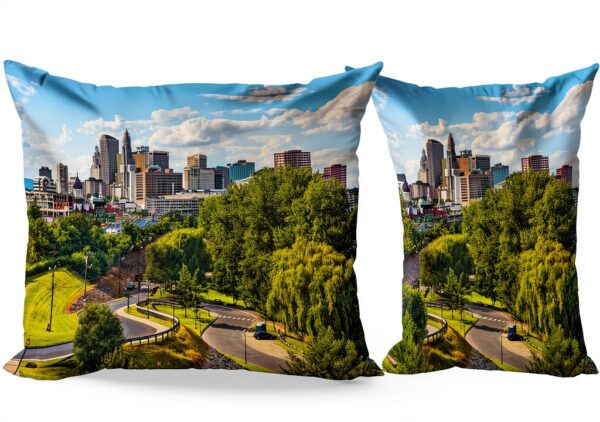ABAKUHAUS États Unis Lot de Housses de Coussin en 2 pièces, Hartford aérienne, Impression Numérique Recto-Verso Zippée, 40 cm x 40 cm, Ciel Bleu Vert Gris-0